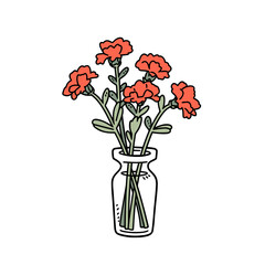 Carnations in a Vase vector icon in minimalistic, black and red line work, japan web