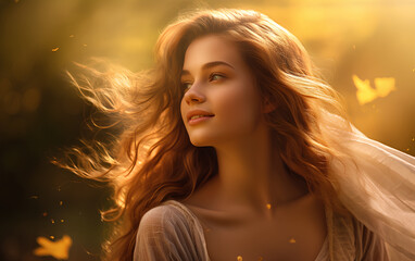 Young beautiful woman feeling the warmth of the sunlight, happy and freedom.
