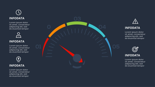 Speedometer infographic with 5 elements, presentations, vector illustration. Template for web on a black background.