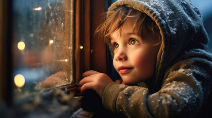 Nahaufnahme eines neugierigen Jungen, der voller Neugierde und Vorfreude auf Weihnachten durch ein Fenster mit Weihnachtslichter guckt - obrazy, fototapety, plakaty