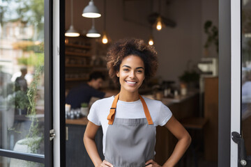 Portrait of young woman entrepreneurs in a coffee shop. Happy waitress in a trendy cafe. Smiling small business owner. Confident barista. Successful female entrepreneurship. Local cafe.