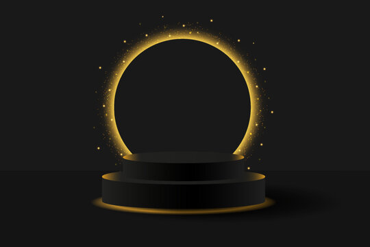 Mega sale special offer  Black Friday Stage Podium Scene with for Award, Decor element background.Black 3D podium with glowing gold neon circle and glitter. Vector illustration