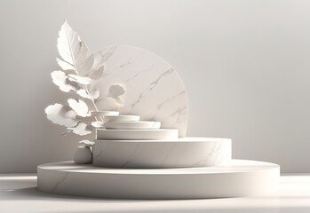 Abstract White Stone Podium with Delicate Leaf Shadows, Exuding Premium Serenity in 3D Rendering