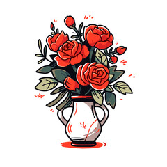 Roses in a Vase vector icon in minimalistic, black and red line work, japan web