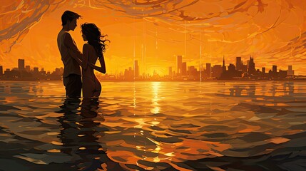 Sylwetki pary zakochanych o zachodzie słońca. 