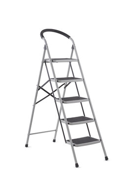 Three quarter shot of metallic safe  ladder with wide steps isolated on white background