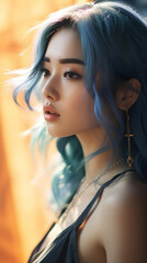 Portrait of Stunning Young Asian Woman with Blue Hair Captured in Golden Hour and Natural Light, High-Quality Beauty Photography