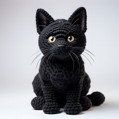 3D knitted crochet black cat toy isolated on grey background