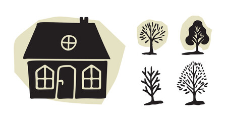 Whimsical forest tree with building design collection vector organic style with colored blob. Woodland cottage for outdoor quirky linocut set. 