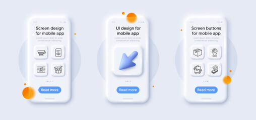 Timer, Cashback and View document line icons pack. 3d phone mockups with cursor. Glass smartphone screen. Luggage, Drums, Parcel web icon. Musical note, Mocha pictogram. For web app, printing. Vector