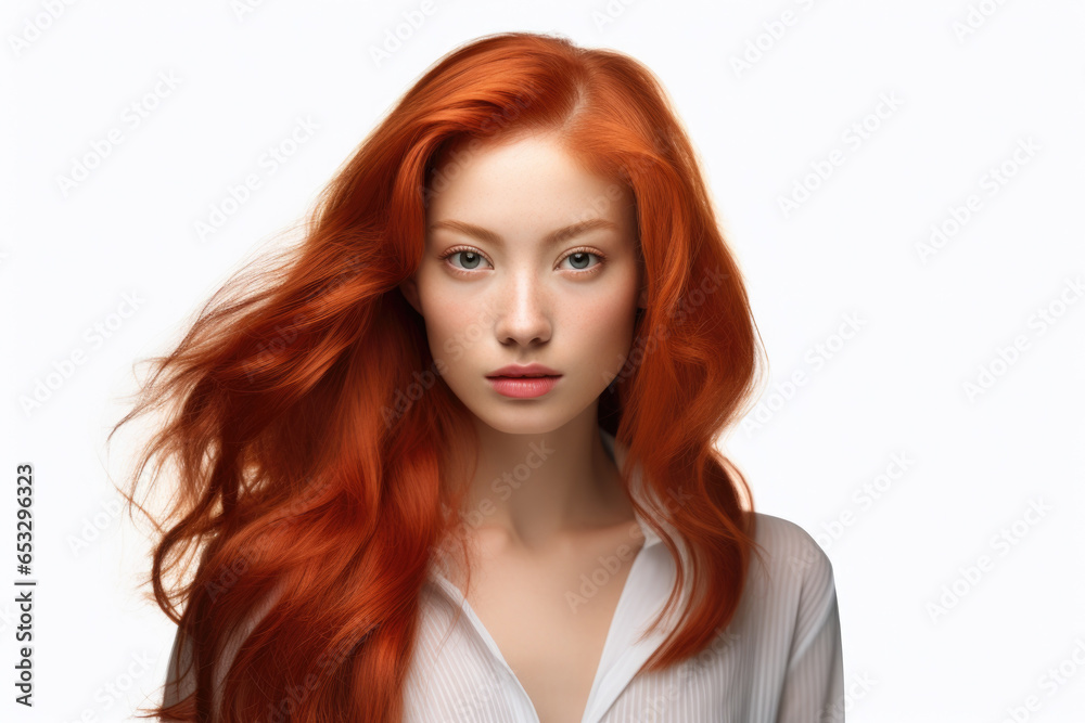 Poster a woman with vibrant red hair is posing for a picture. this versatile image can be used in various c