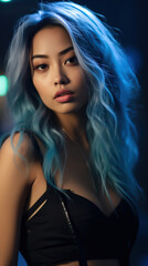 Fototapeta premium Portrait of Stunning Young Asian Woman with Blue Hair Captured in Golden Hour and Natural Light, High-Quality Beauty Photography