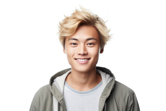 A young man with blonde hair smiling at the camera. This picture can be used for various purposes.