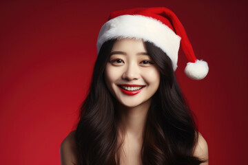 A woman wearing a Santa hat with a cheerful smile. Perfect for Christmas-themed designs and holiday promotions.