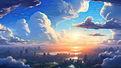Chmury nad futurystycznym miastem w stylu anime.  - obrazy, fototapety, plakaty