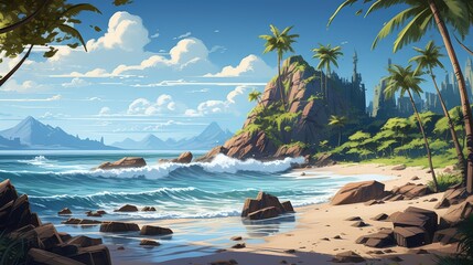 Piaszczysta plaża z palmami, skałami w morskich falach i błękitnym niebem. Ilustracja w stylu anime.  - obrazy, fototapety, plakaty