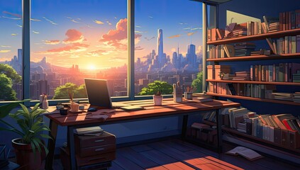 Domowe biuro w stylu lofi anime.  - obrazy, fototapety, plakaty