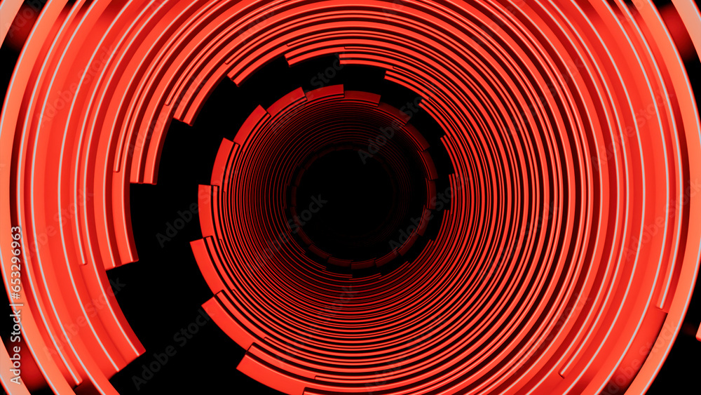 Poster red and orange neon patterns. design. black background with thin narrow stripes that make circular m
