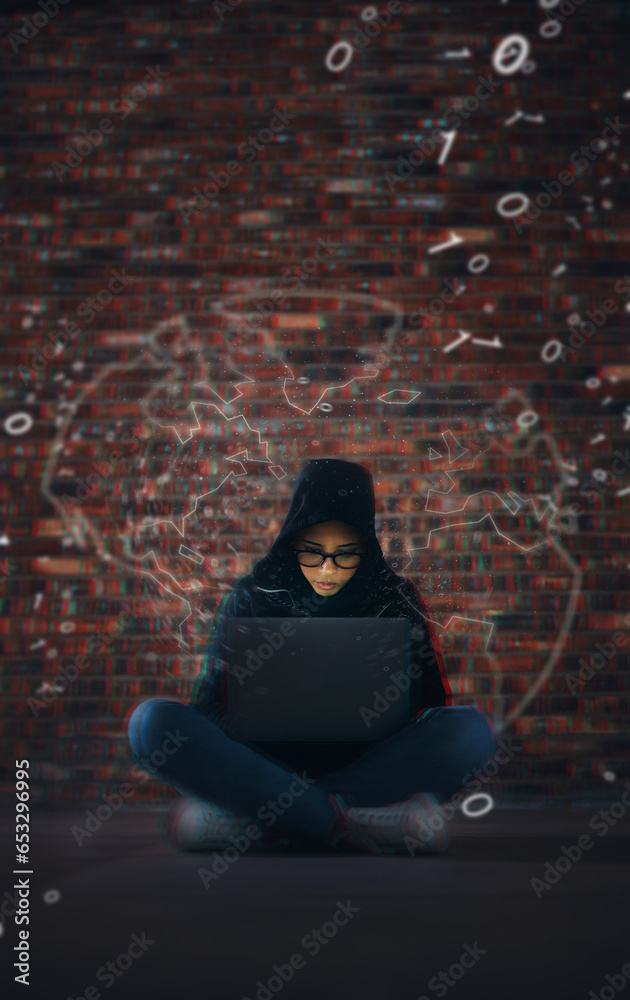 Poster Hacker, coding overlay and woman on laptop in dark for cybersecurity, phishing and crime. Information technology, mockup and person on computer for software, network code and programming hologram
