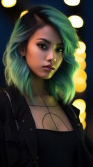 Portrait of Stunning Young Asian Woman with Green Hair Captured in Golden Hour and Natural Light, High-Quality Beauty Photography