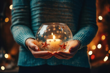 Female hands holding lamp with burning candle for Christmas - Powered by Adobe