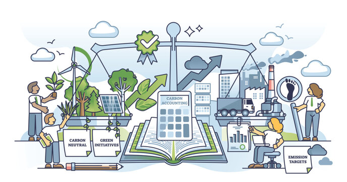 Carbon accounting and CO2 pollution management or reduction outline concept. Ecological work with dioxide neutral strategy, green bio initiatives and targets to reduce footprint vector illustration.