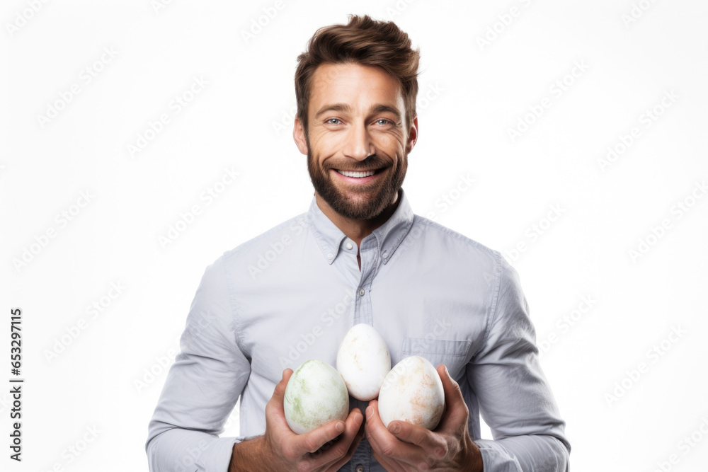 Poster a man is holding three eggs in his hands. this versatile image can be used to depict concepts such a