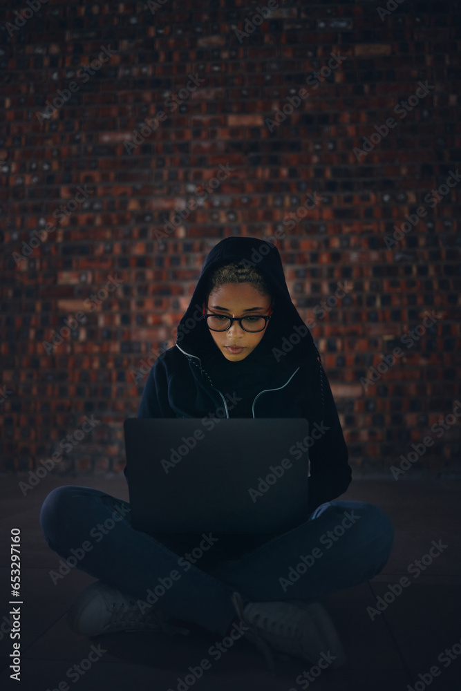 Poster Hacker, woman in basement and laptop, information technology for coding and database with phishing and cyber crime. Cybersecurity, programming or hacking, criminal with pc for ransomware and firewall