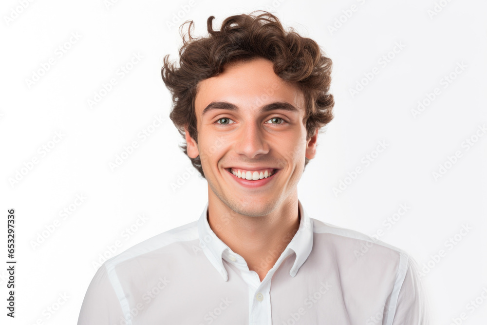 Poster a man wearing a white shirt smiles directly at the camera. this image can be used to portray positiv