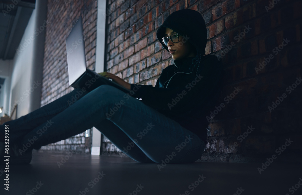 Aufkleber Hacker, woman in dark room with laptop and information technology, phishing and cyber crime with database or server. Cybersecurity, programming and criminal with pc, ransomware and firewall breach