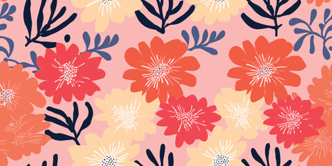 Hand drawn flowers, seamless patterns with floral for fabric, textiles, clothing, wrapping paper, cover, banner, interior decor, abstract backgrounds