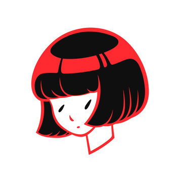 Wig with bangs vector icon in minimalistic, black and red line work, japan web
