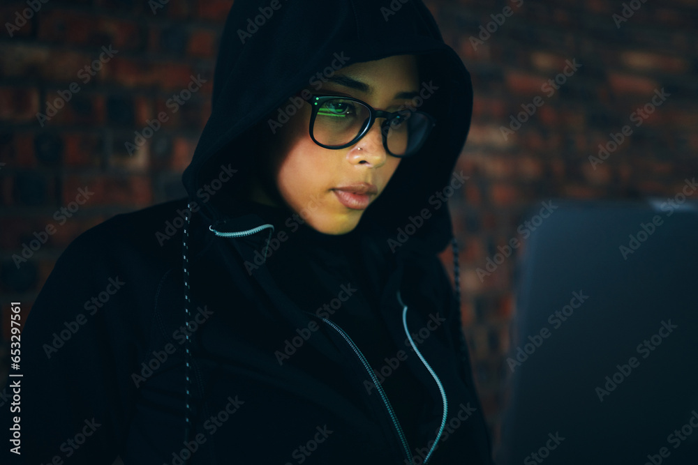 Poster Hacker, woman in dark room with laptop and information technology, coding and database, phishing with cyber crime. Cybersecurity, programming or hacking, criminal with pc for ransomware and firewall