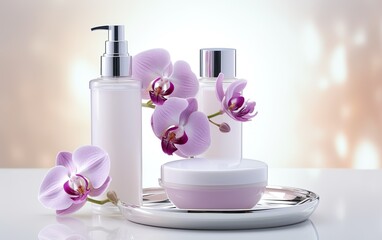 Obraz na płótnie Canvas Set of cosmetic products glass bottles mockups. Containers on a light background with orchid flowers. Beauty, cosmetology, wellness, spa salon, skin care industry concept