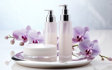 Obraz na płótnie Canvas Set of cosmetic products glass bottles mockups. Containers on a light background with orchid flowers. Beauty, cosmetology, wellness, spa salon, skin care industry concept