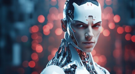 portrait of a AI robot, bionic robot face, portrait of a robot, robotic face - obrazy, fototapety, plakaty