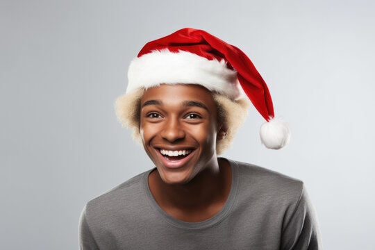 A man wearing a Santa hat and smiling. This picture can be used for Christmas-themed designs or to convey holiday cheer.