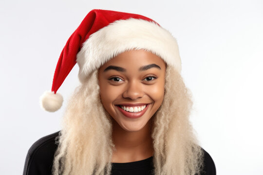 A woman with blonde hair wearing a festive Santa hat. This picture can be used for Christmas-themed designs and holiday promotions.
