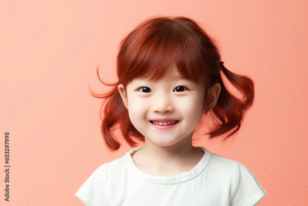 Poster a delightful image of a little girl with red hair smiling directly at the camera. perfect for captur