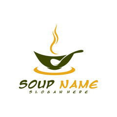 Obraz premium Soup logo design concept. Food Cooking logo vector. Kitchen logo with pot full of vegetables.