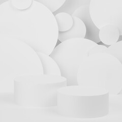 Abstract two white round podiums for cosmetic products mockup on white background, decor of flying circles. Stage for presentation products, gifts, goods, advertising, design, sale, text, display.