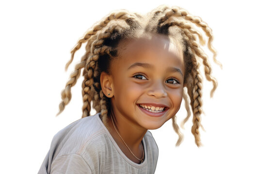 A young girl with dreadlocks smiles for the camera. This image can be used to portray happiness, diversity, or youthfulness.