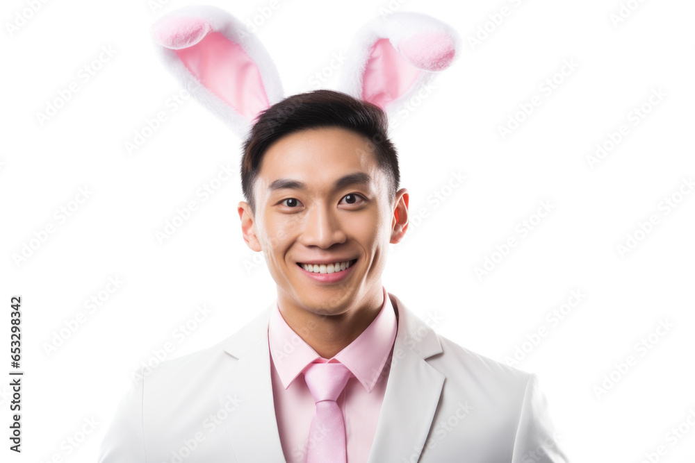 Poster a man wearing a white suit and bunny ears on his head. this unique image can be used for various cre