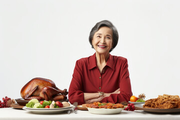 A woman sitting in front of a table filled with an abundance of food. This image can be used to represent a family gathering, holiday feast, or a celebration of food.