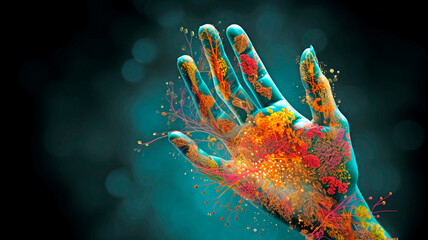 A hand showing bacteria. Human microbiota, the bacteria and microorganisms that we have on our skin, on our hands, and on our body. Space for text - obrazy, fototapety, plakaty