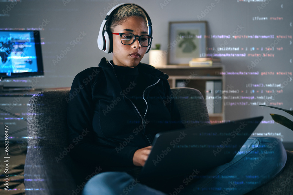 Leinwandbilder Woman, code overlay and laptop typing with cybersecurity, hacker and software data analysis. Digital, programmer and computer work with firewall system hacking and algorithm writing for malware