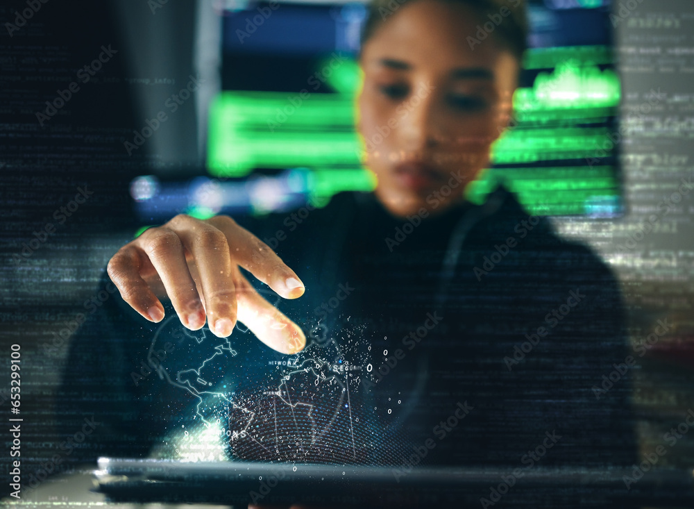 Poster Hacker, woman and hand with global network hologram, information technology and database with digital transformation. Cybersecurity, programming or hacking, 3D globe and system with coding overlay
