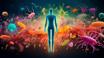 Representation of the human microbiota and microbiome, the bacteria and microorganisms that we have on our body.   - obrazy, fototapety, plakaty
