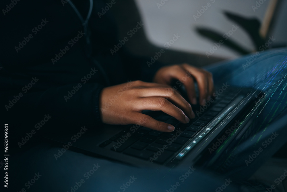 Leinwandbilder Hacker, hands typing on laptop and information technology for coding and database with phishing and cyber crime. Cybersecurity, person programming or hacking, criminal with ransomware and firewall