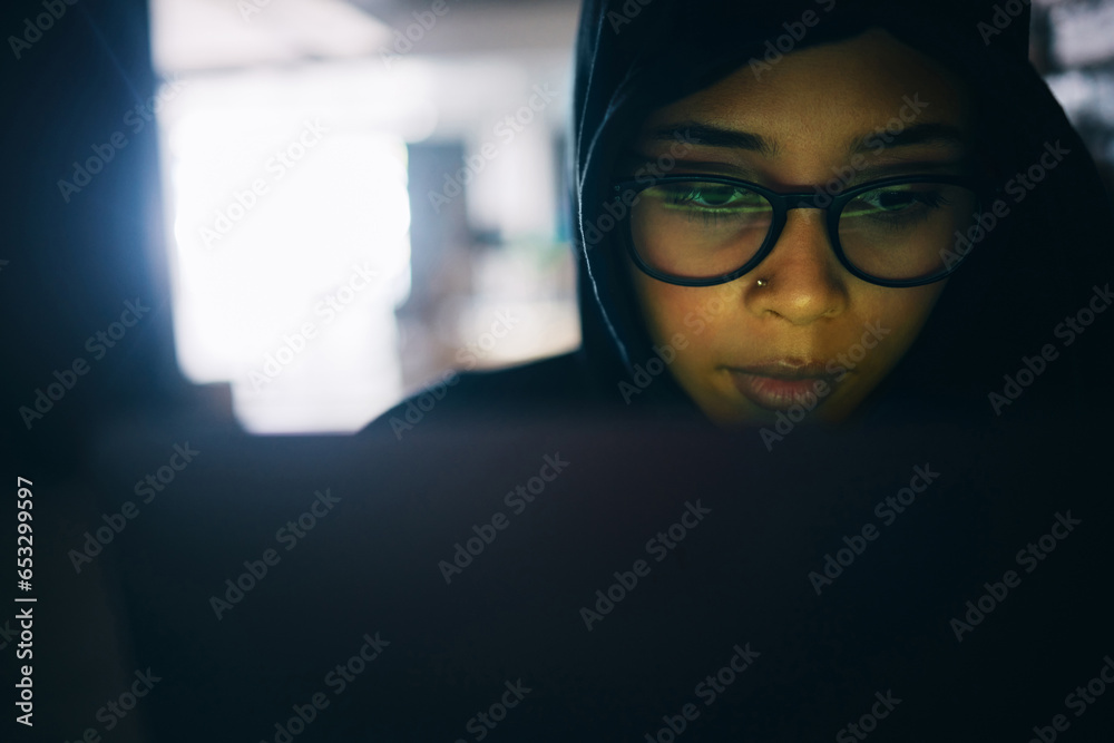 Poster Hacker, woman and face with laptop, information technology for coding and database with phishing and cyber crime. Cybersecurity, programming or hacking, criminal with pc for ransomware and firewall